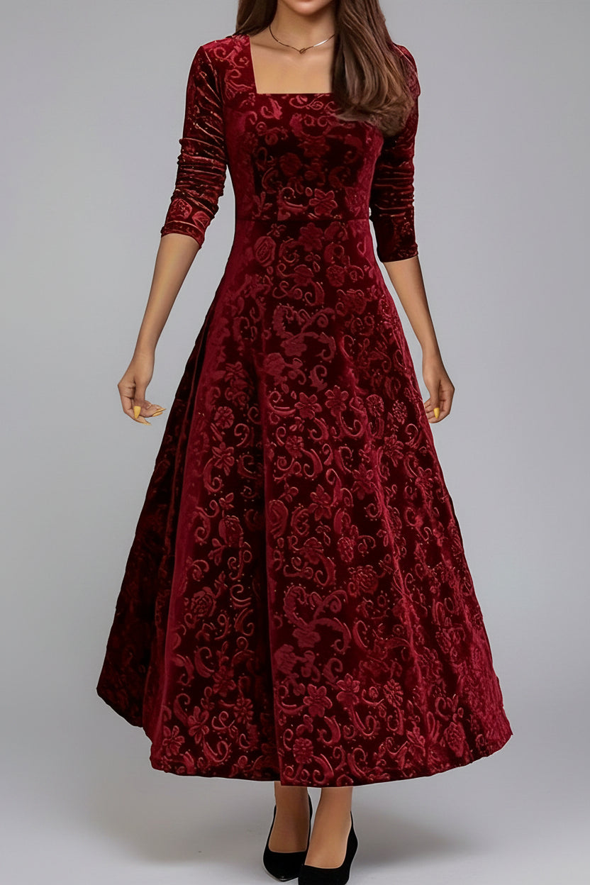 Fluwelen Midi Jurk met Bloemendessin Dames | Driekwart Mouw | Bethara