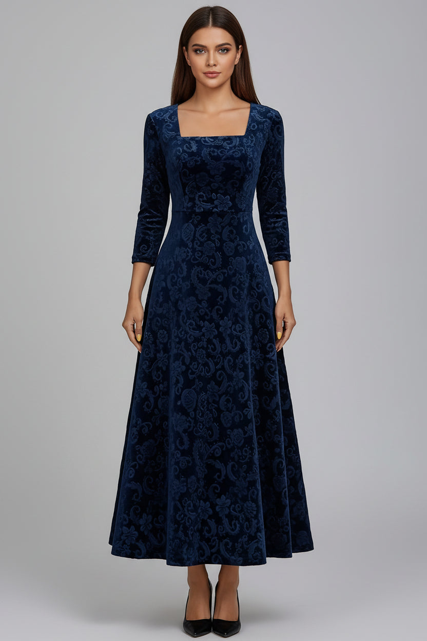 Fluwelen Midi Jurk met Bloemendessin Dames | Driekwart Mouw | Bethara