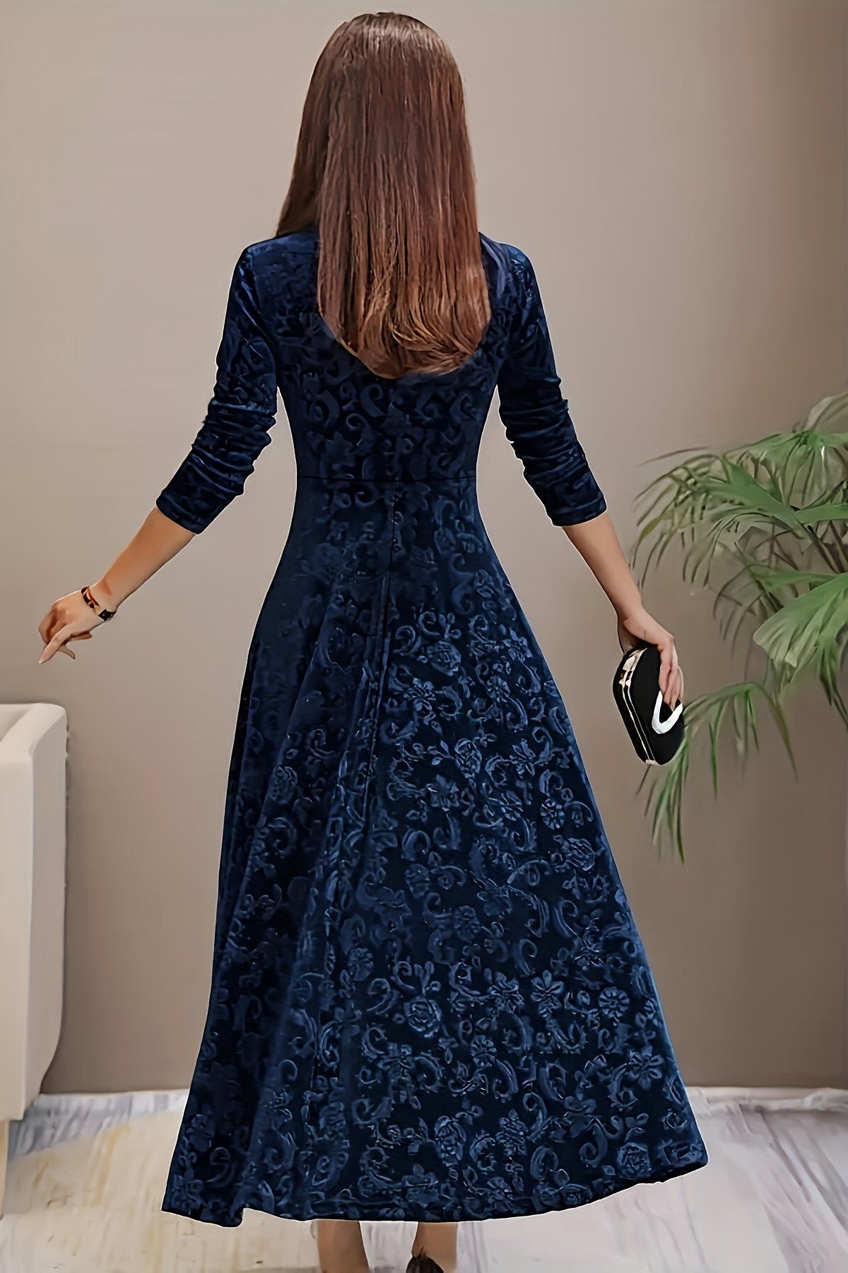 Fluwelen Midi Jurk met Bloemendessin Dames | Driekwart Mouw | Bethara