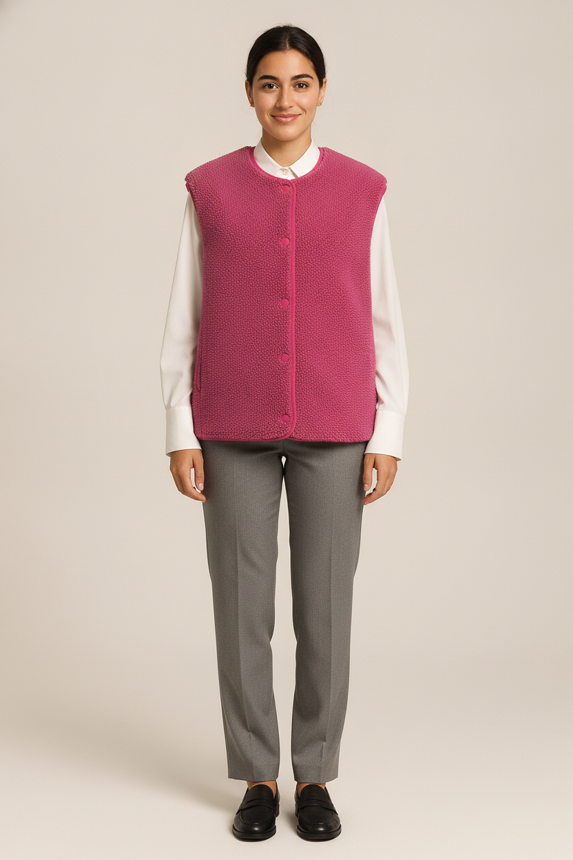 Teddy Gilet Dames zonder Kraag – Mouwloze Bodywarmer — Malia – Roze – vooraanzicht