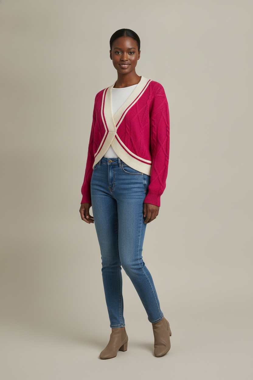 Kort Vest Dames met V-hals – Kabelvest met Contrastrand — Brielle – Fuchsia – vooraanzicht