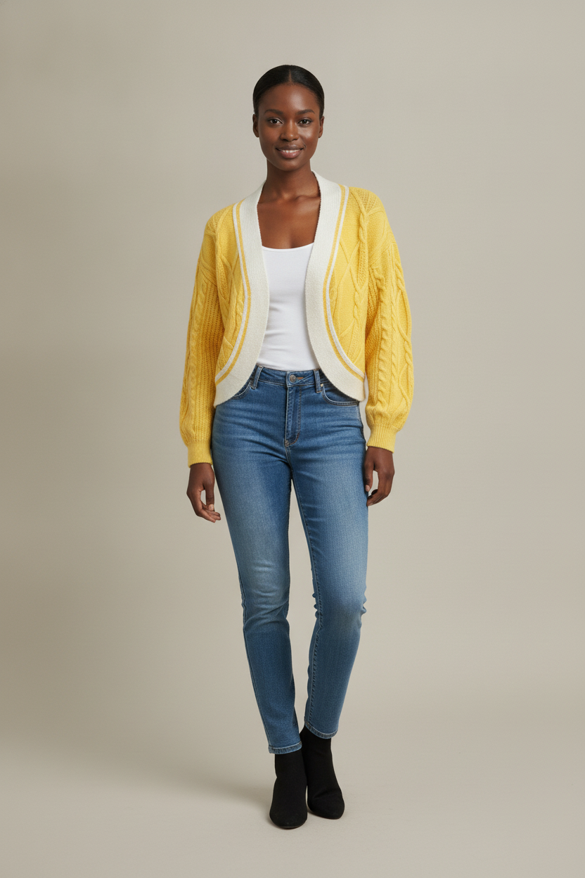 Kort Vest Dames met V-hals – Kabelvest met Contrastrand — Brielle – Geel – vooraanzicht