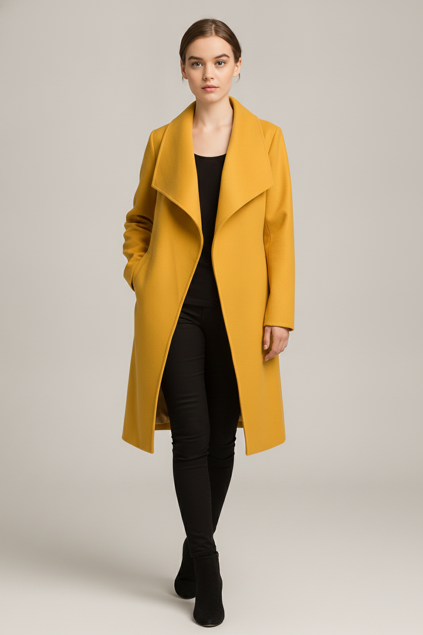Lange Jas Dames met Watervalkraag – Open Mantel in Wollook — Nalani – Geel – vooraanzicht