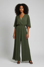 Geplisseerde Jumpsuit Dames Khaki Elastische Band | Kaia