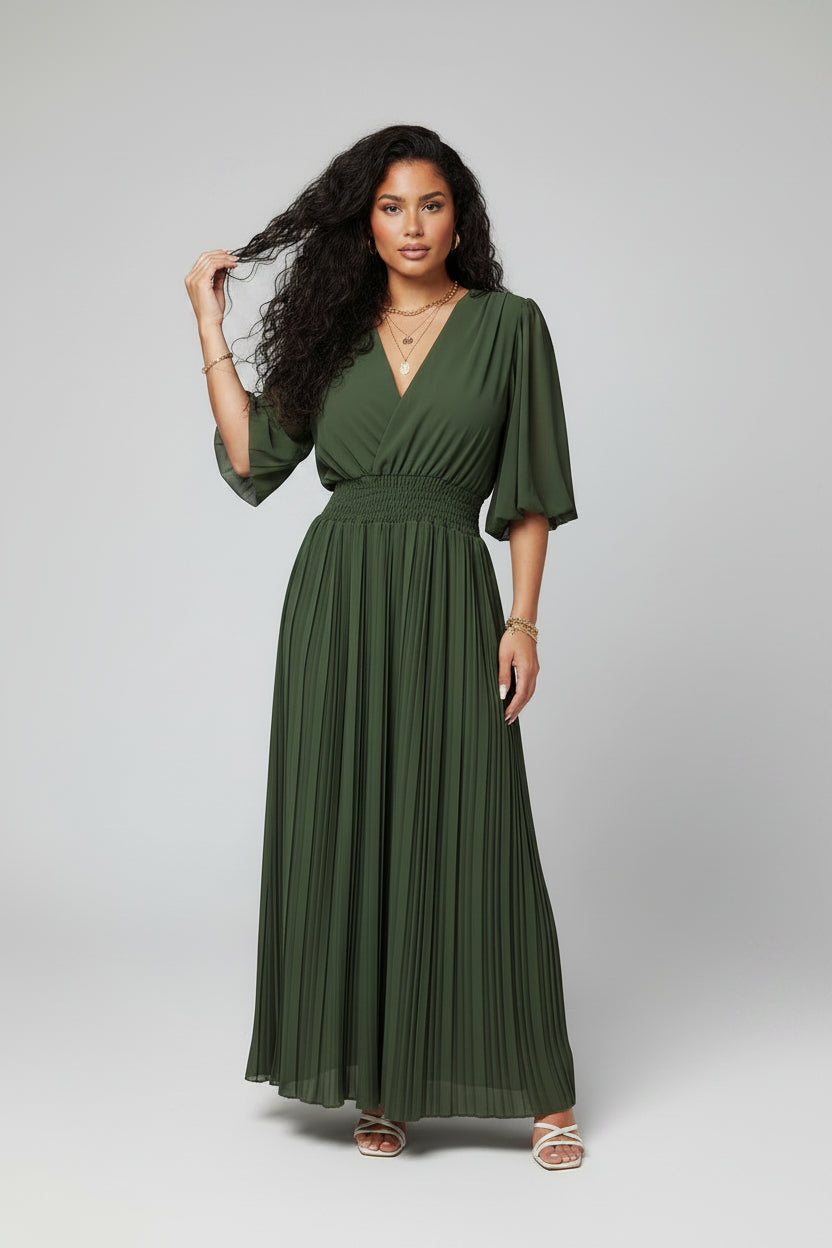 Geplisseerde Jumpsuit Dames Khaki Elastische Band | Kaia