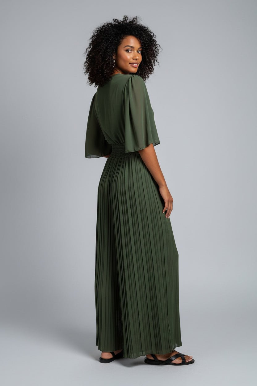 Geplisseerde Jumpsuit Dames Khaki Elastische Band | Kaia