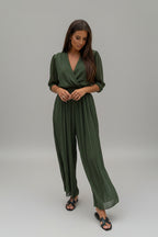 Geplisseerde Jumpsuit Dames Khaki Elastische Band | Kaia