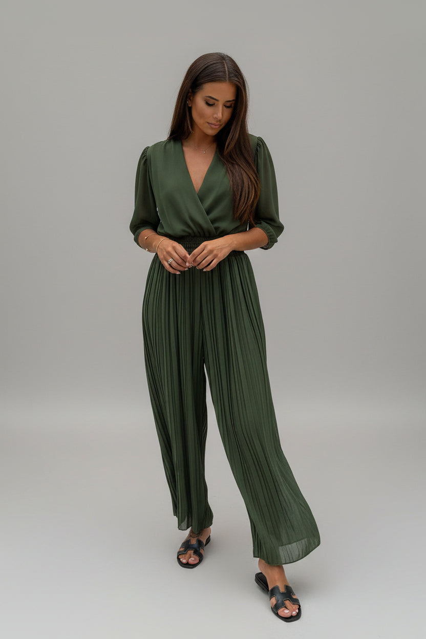 Geplisseerde Jumpsuit Dames Khaki Elastische Band | Kaia