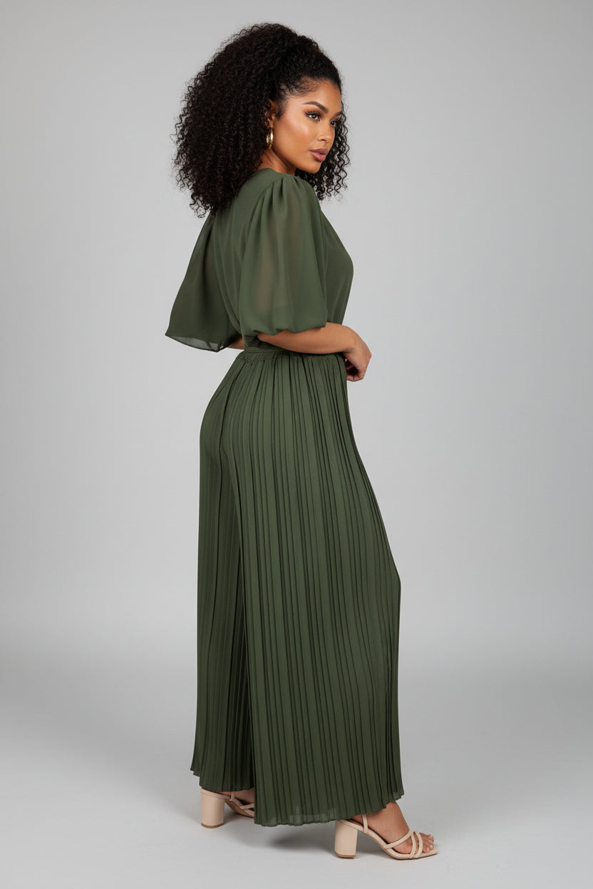 Geplisseerde Jumpsuit Dames Khaki Elastische Band | Kaia