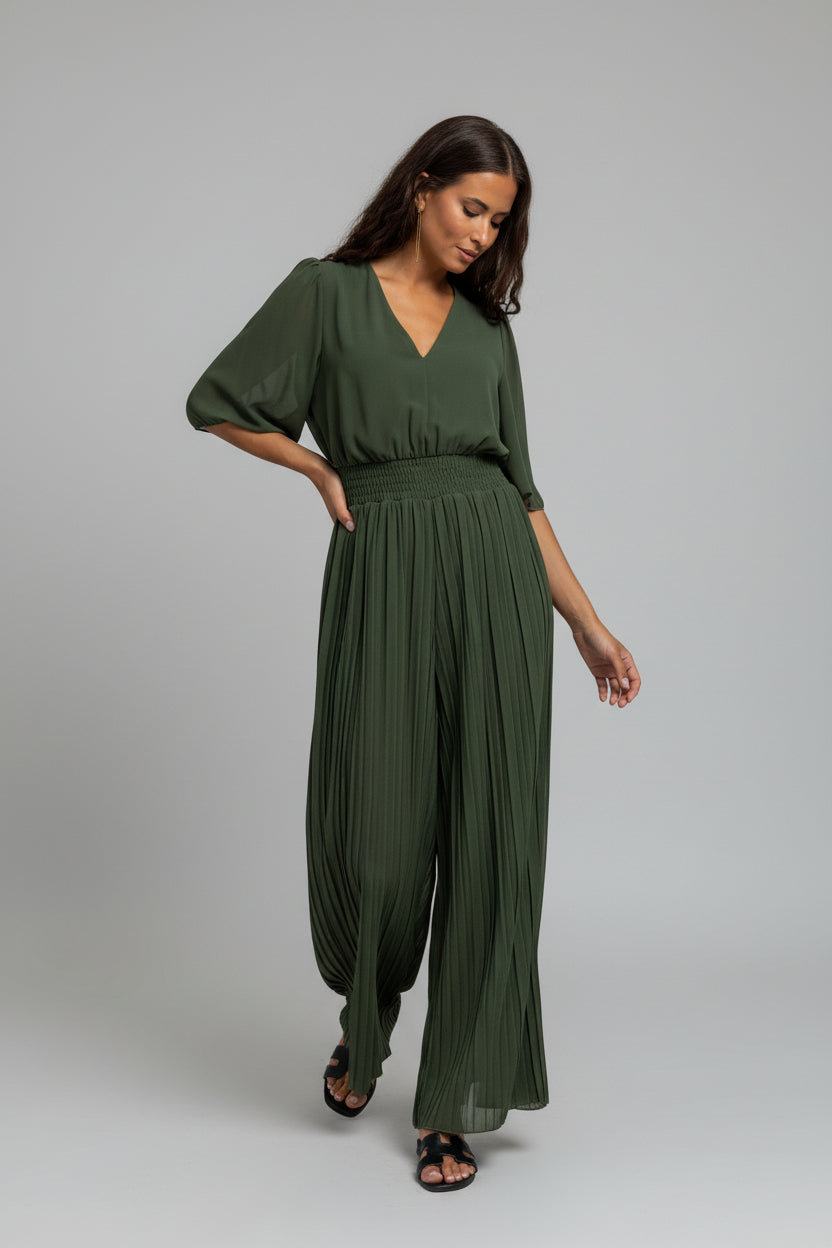 Geplisseerde Jumpsuit Dames Khaki Elastische Band | Kaia