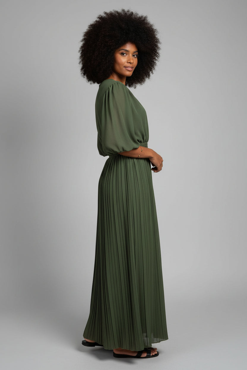 Geplisseerde Jumpsuit Dames Khaki Elastische Band | Kaia