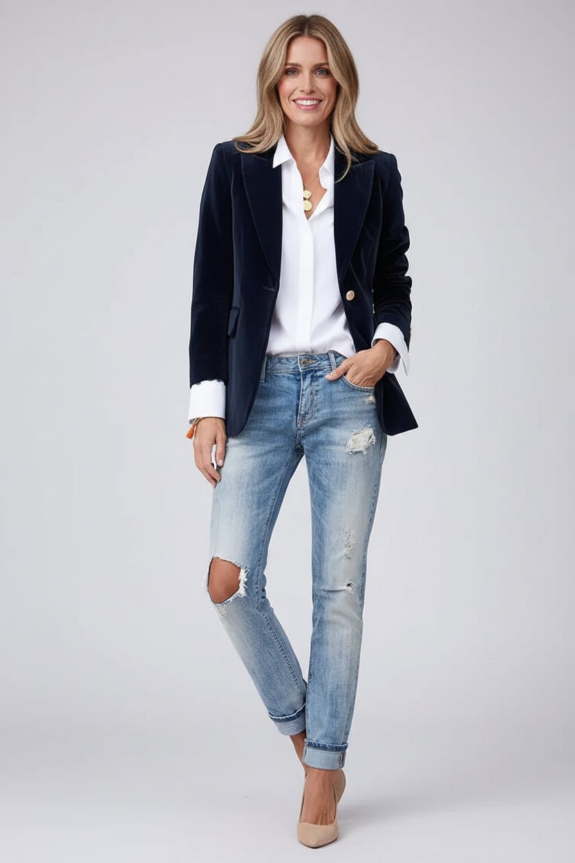 Getailleerde Fluwelen Blazer Dames | Decoratieve Knopen | Veloria