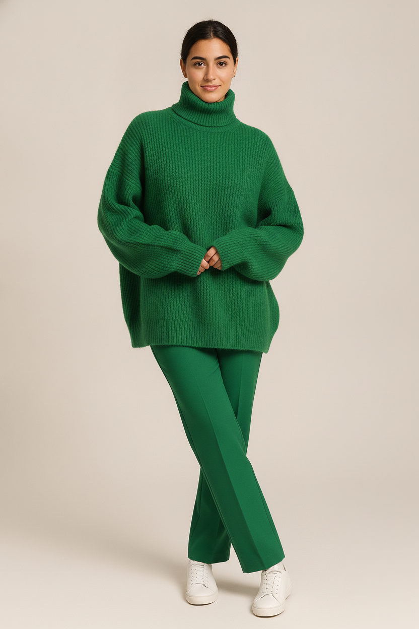 Oversized Coltrui Dames – Gebreide Trui met Hoge Col — Selin – Groen – vooraanzicht