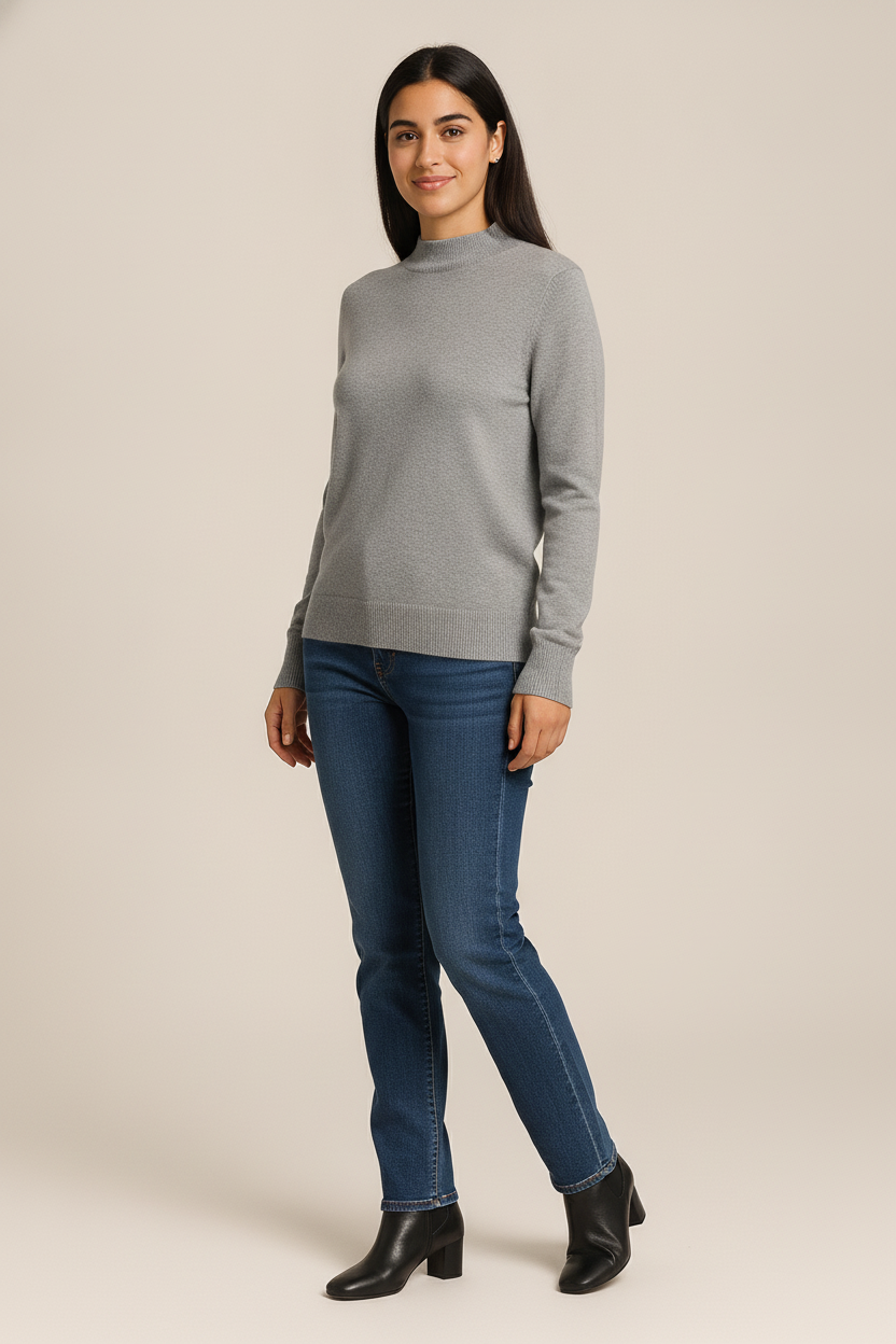 Gebreide Trui Dames met Halve Col – Zachte Basic Pullover — Aluna – Grijs – vooraanzicht