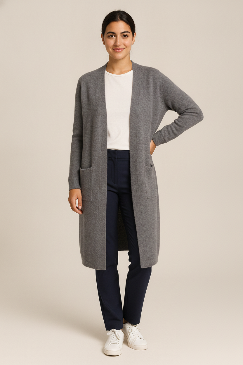 Lang Vest Dames met Zakken – Open Gebreide Cardigan — Jasmijn – Grijs – vooraanzicht