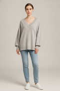 Trui Dames met Diepe V-hals – Oversized Gebreide Pullover — Zaida – Grijs – vooraanzicht