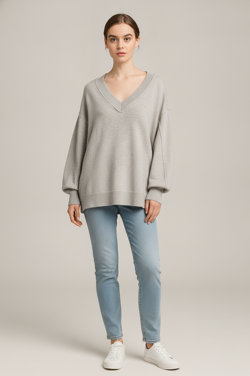 Trui Dames met Diepe V-hals – Oversized Gebreide Pullover — Zaida – Grijs – vooraanzicht