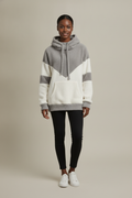 Teddy Hoodie Dames met Colorblock – Pluizige Capuchontrui — Solana – Grijs – vooraanzicht
