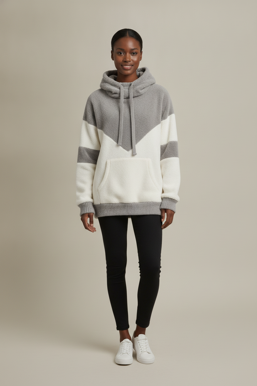 Teddy Hoodie Dames met Colorblock – Pluizige Capuchontrui — Solana – Grijs – vooraanzicht