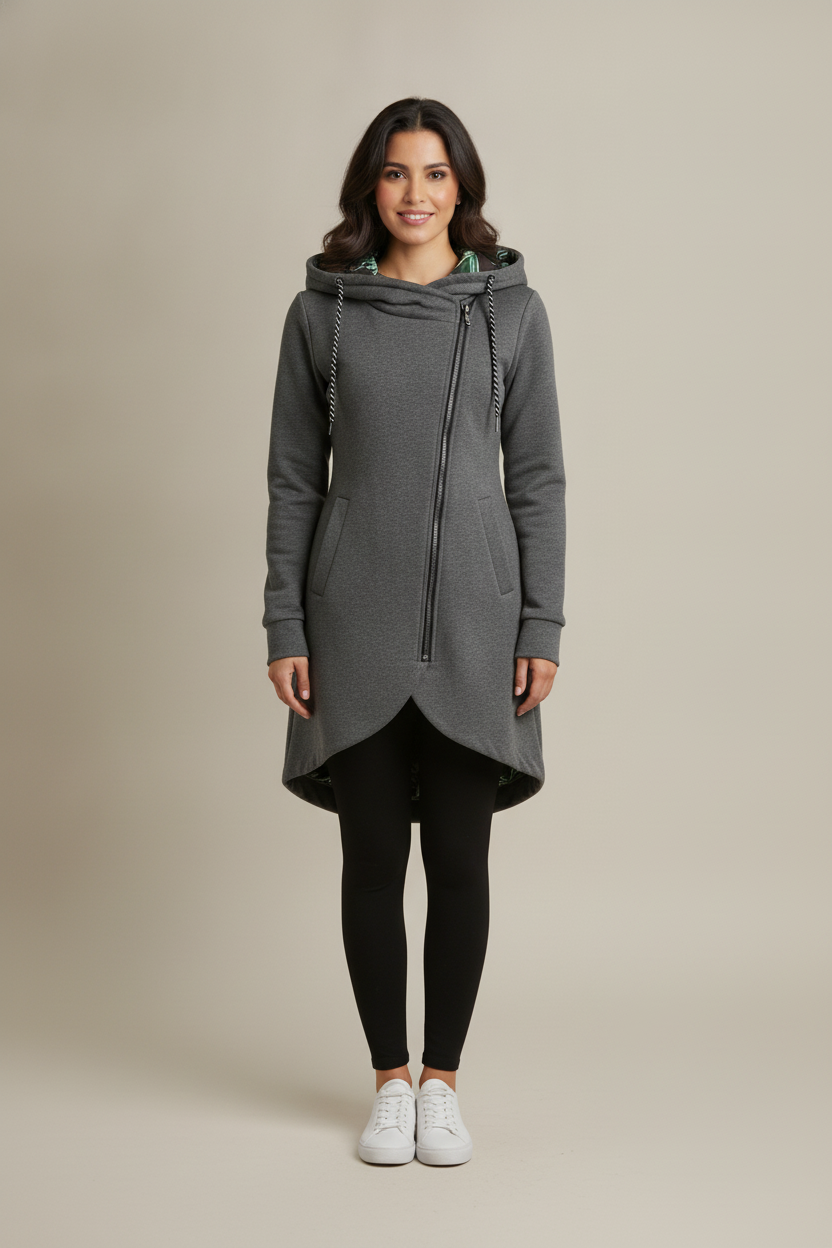 Lange Hoodiejas Dames met Rits – Tussenjas met Printcapuchon — Oriana – Grijs – vooraanzicht