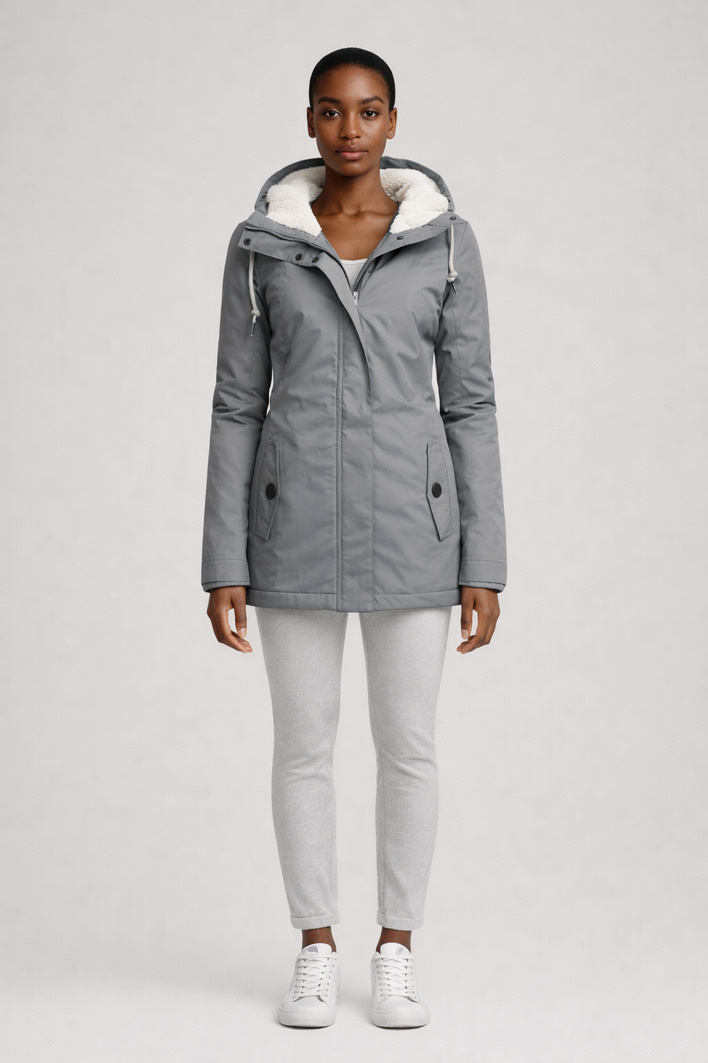 Lange Waterafstotende Winterjas met Capuchon — Fabiana – Grijs – vooraanzicht