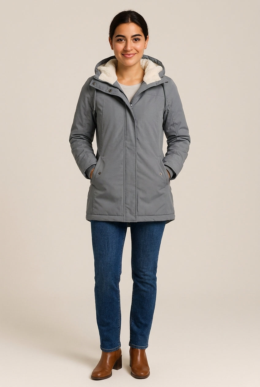 Winterjas met Capuchon en Bontrand — Puck – Grijs – vooraanzicht