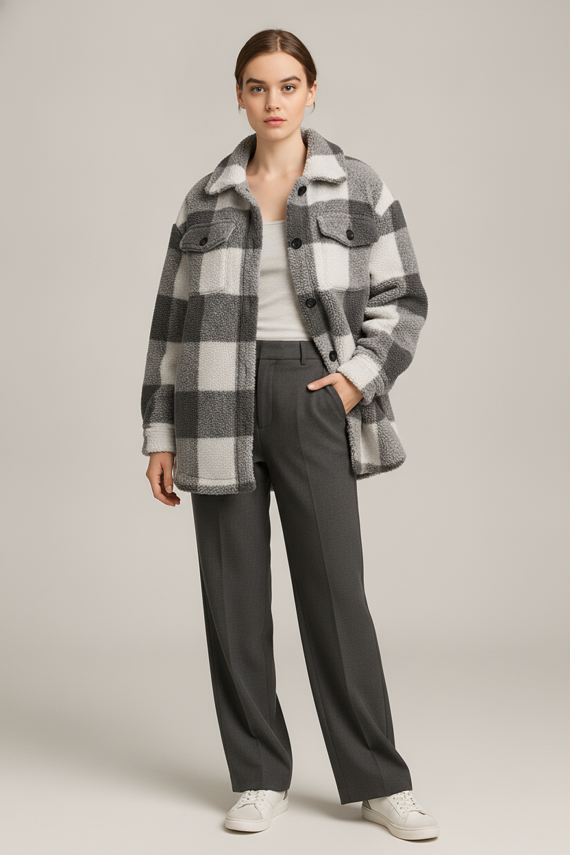 Geruite Dames Teddy Jas – Oversized Shacket met Knopen — Laila – Grijs – vooraanzicht