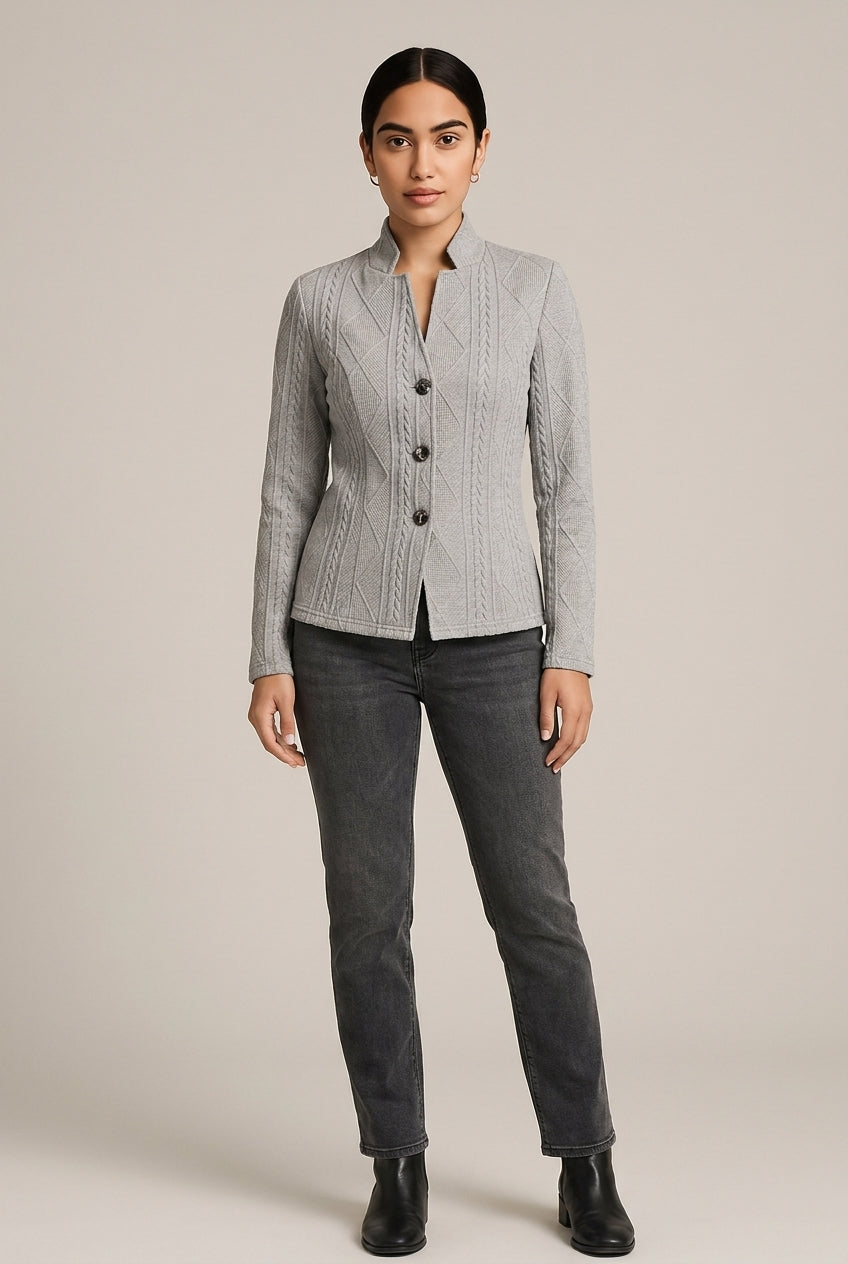 Blazer Dames met Opstaande Kraag – Getextureerd Jasje — Amirah – Grijs – vooraanzicht