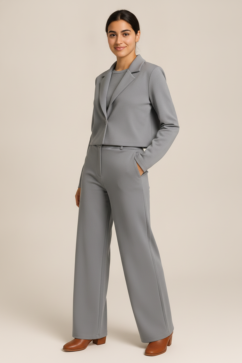 Soepel Pak met Blazer en Wijde Broek — Noelia – Grijs – vooraanzicht