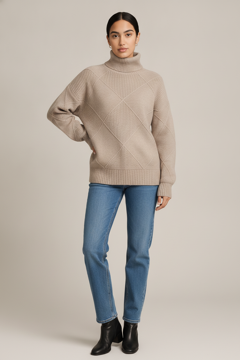 Coltrui Dames met Ruitpatroon – Oversized Gebreide Trui — Cassia – Taupe – vooraanzicht