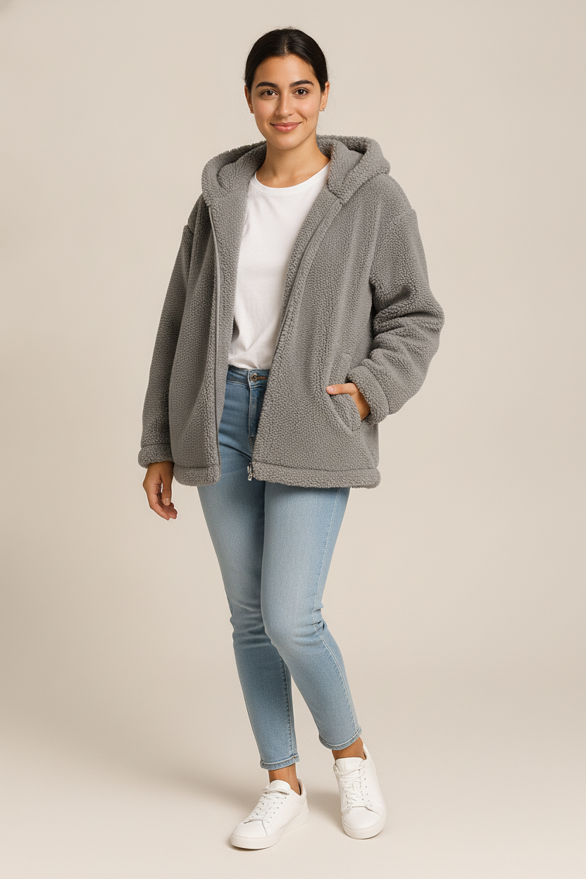 Teddy Jas Dames met Capuchon – Zacht Open Jack — Jara – Grijs – vooraanzicht