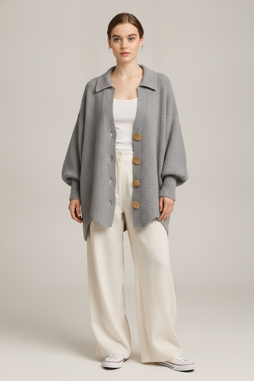 Oversized Gebreid Vest Dames – Cardigan met Grote Knopen — Norah – Grijs – vooraanzicht