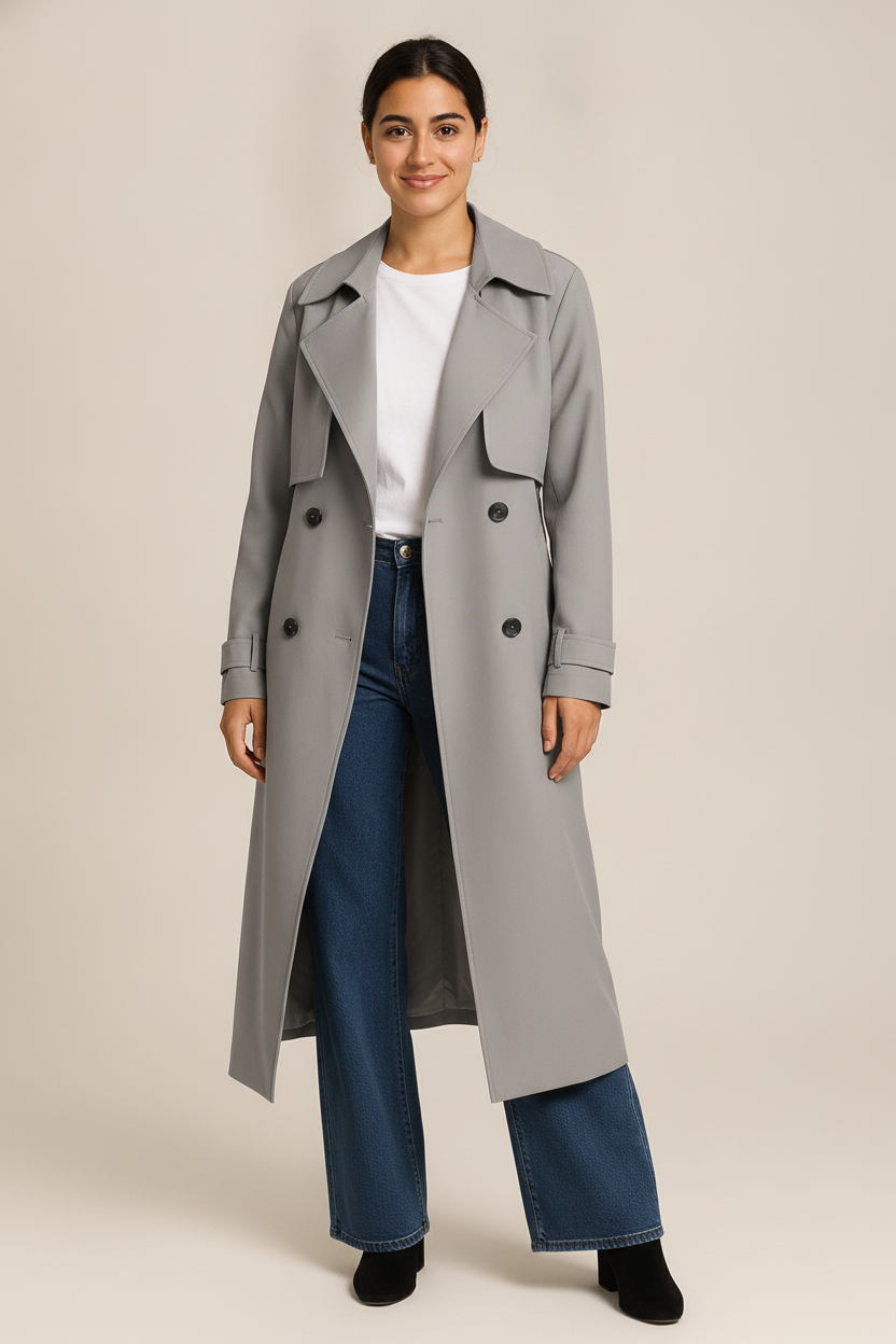 Lange Trenchcoat Dames Dubbelrijs – Oversized Tussenjas — Linnea – Grijs – vooraanzicht