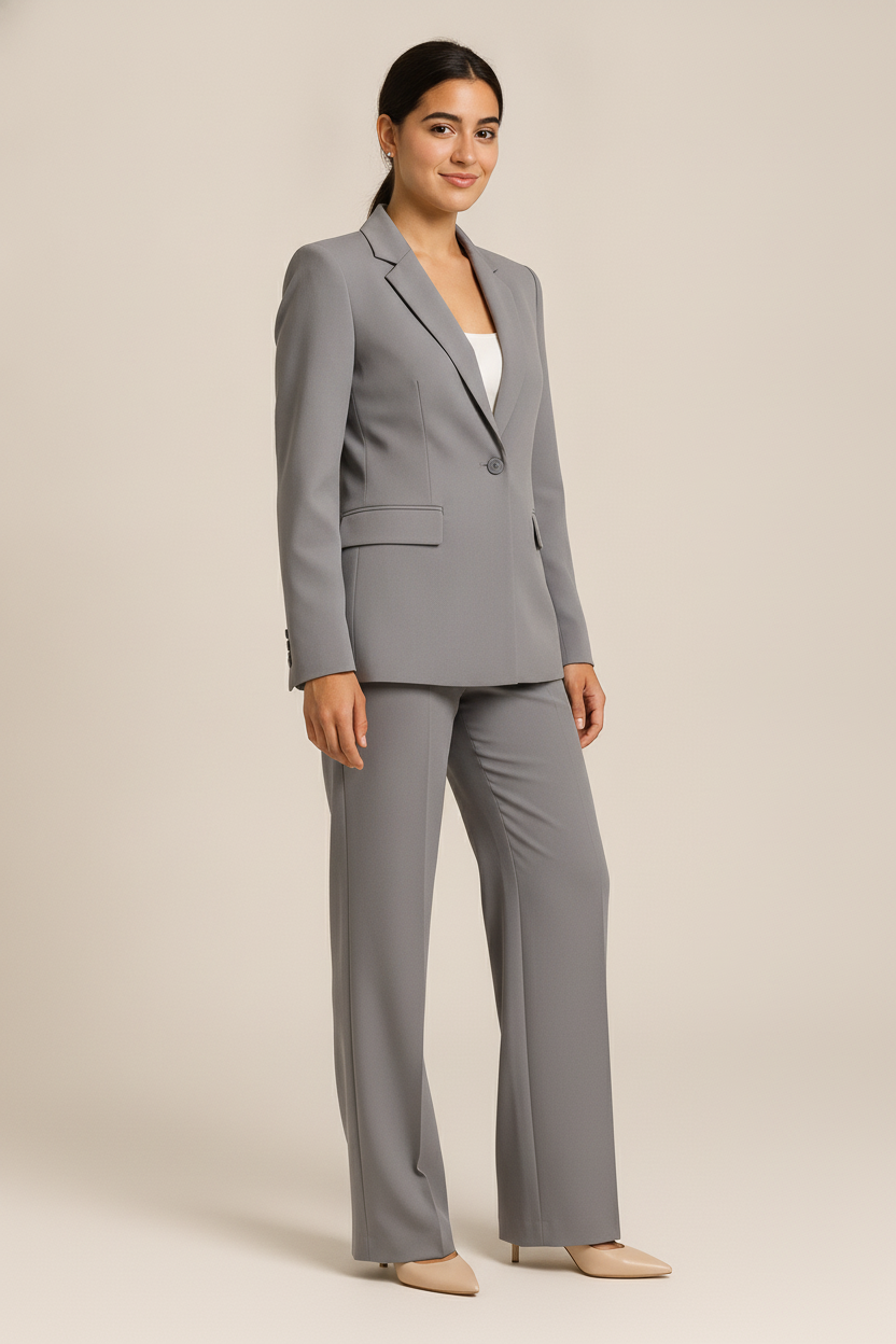 Tweedelig Pak met Getailleerde Blazer en Wijde Pantalon — Agathe – Grijs – vooraanzicht