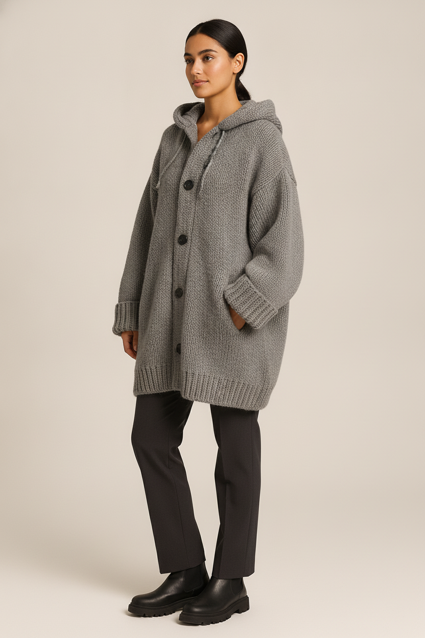 Gebreid Vest Dames met Capuchon – Oversized Cardigan — Isolde – Grijs – vooraanzicht