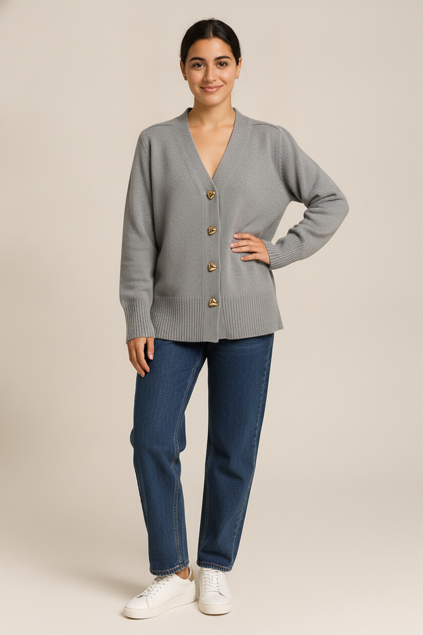 Gebreid Vest Dames met V-hals – Cardigan met Gouden Knopen — Zahra – Grijs – vooraanzicht