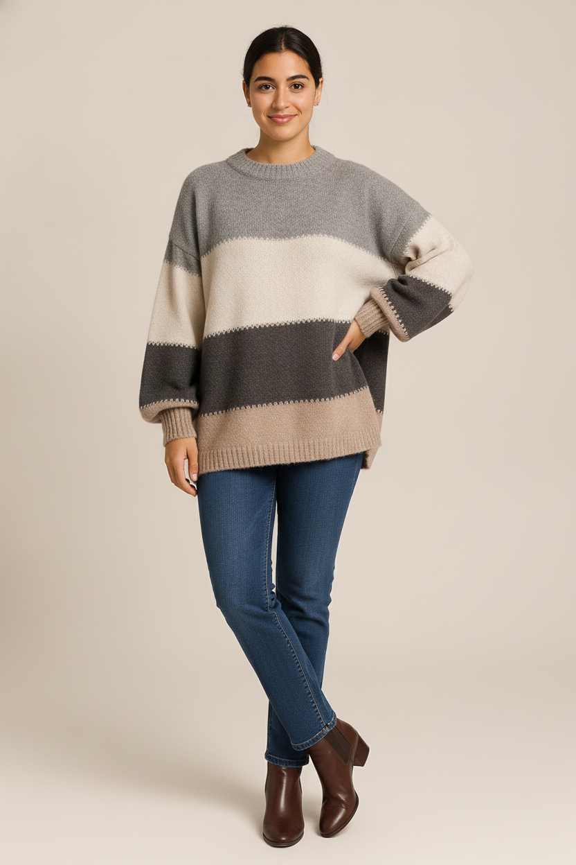 Gestreepte Trui Dames – Gebreide Colorblock Pullover — Ottavia – Grijs – vooraanzicht