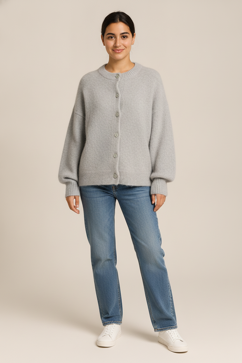 Gebreid Vest Dames met Ronde Hals – Vintage Cardigan — Adira – Grijs – vooraanzicht