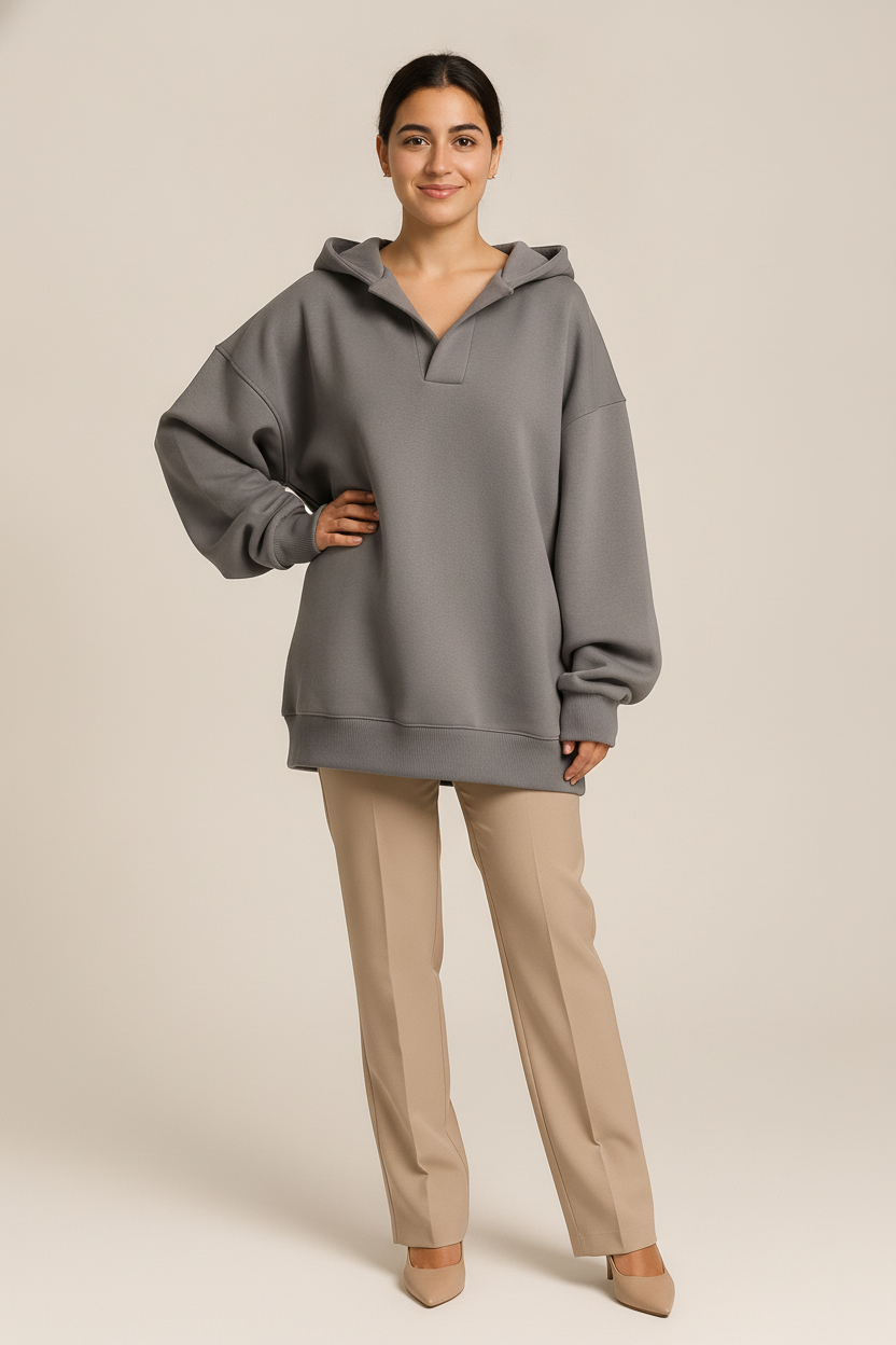 Oversized Hoodie Dames met V-hals – Zachte Trui met Capuchon — Kiara – Grijs – vooraanzicht