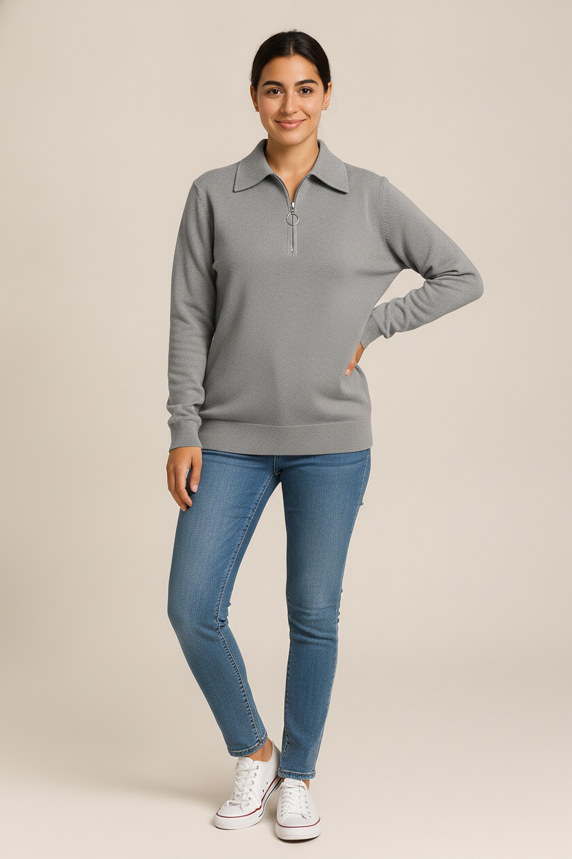 Trui Dames met Halve Rits – Pullover met Kraag — Talara – Grijs – vooraanzicht