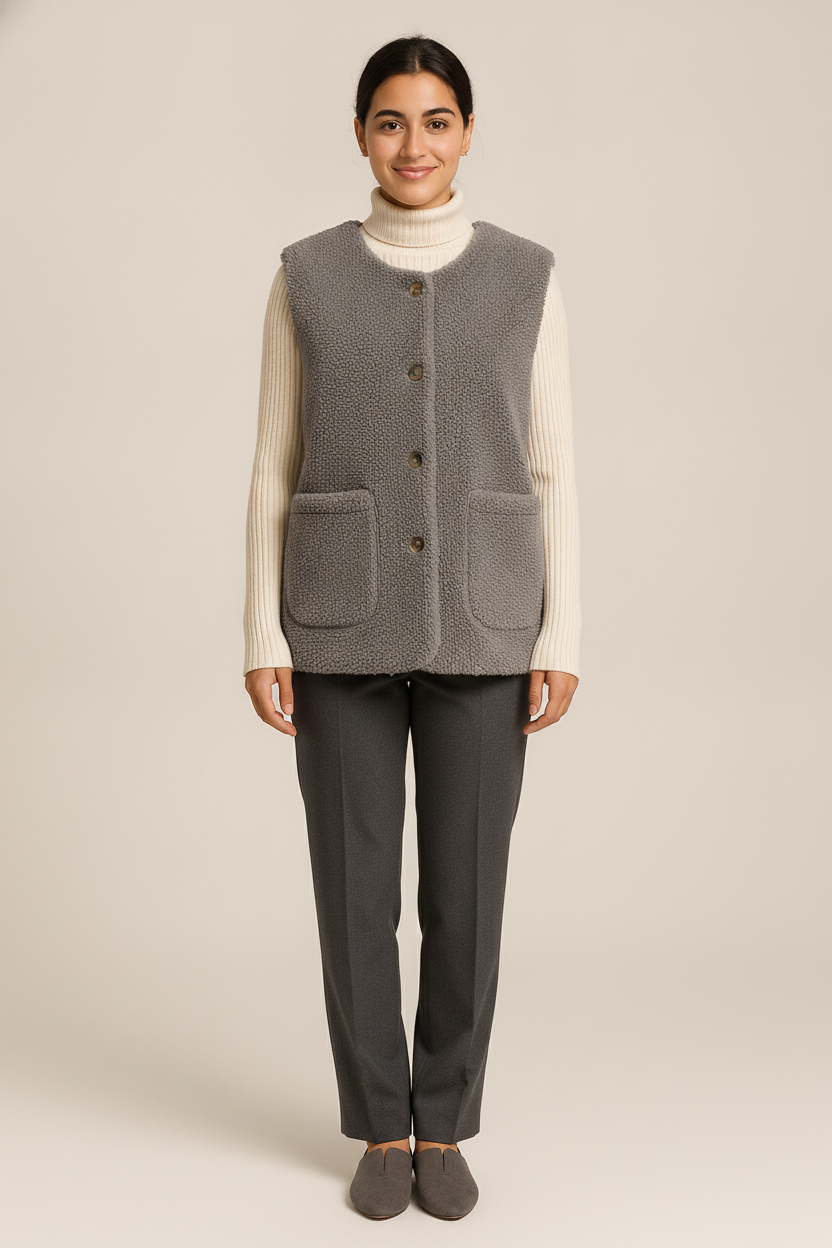 Teddy Gilet Dames met Knopen – Zachte Bodywarmer — Esmée – Grijs – vooraanzicht
