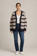 Gestreept Vest Dames met Knopen – Grofgebreide Cardigan — Kaja – Grijs/Marine – vooraanzicht