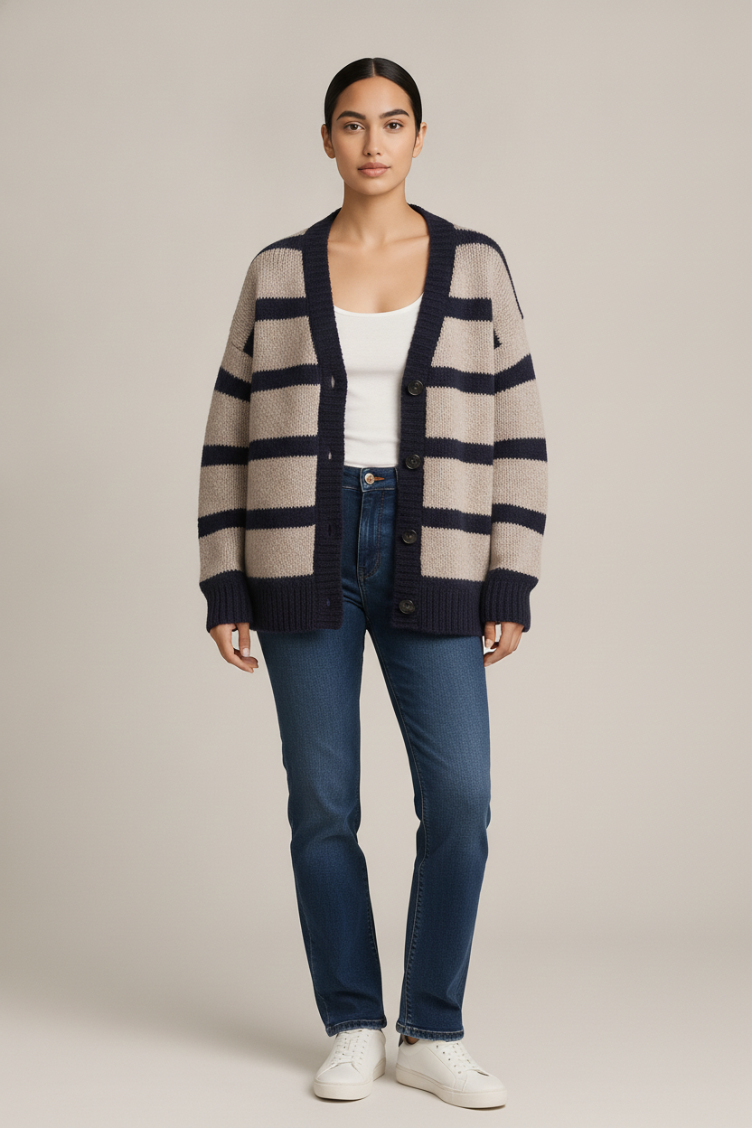Gestreept Vest Dames met Knopen – Grofgebreide Cardigan — Kaja – Grijs/Marine – vooraanzicht