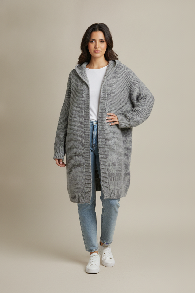 Gebreid Vest Dames met Capuchon – Oversized Lang Vest — Anaya – Grijs – vooraanzicht