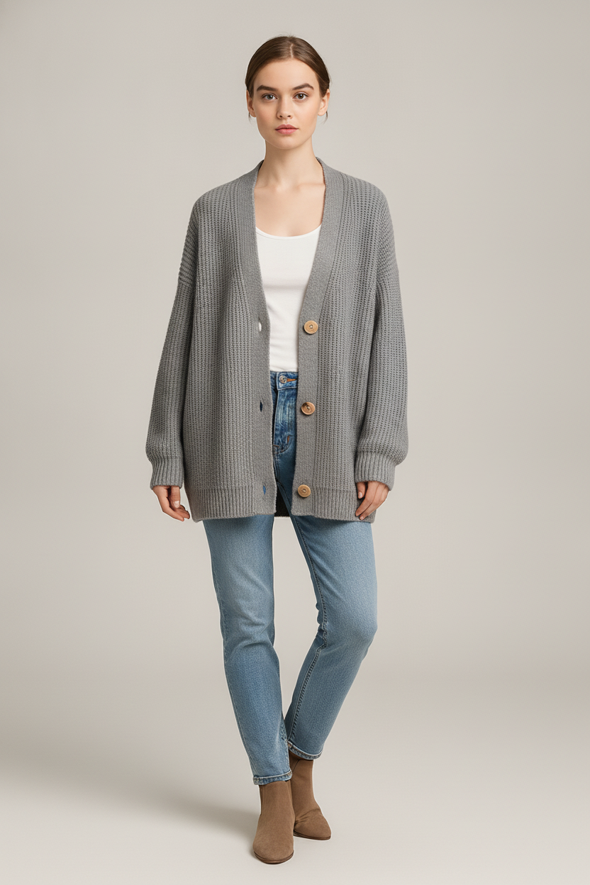 Gebreid Vest Dames met V-hals – Oversized Cardigan — Mireille – Grijs – vooraanzicht