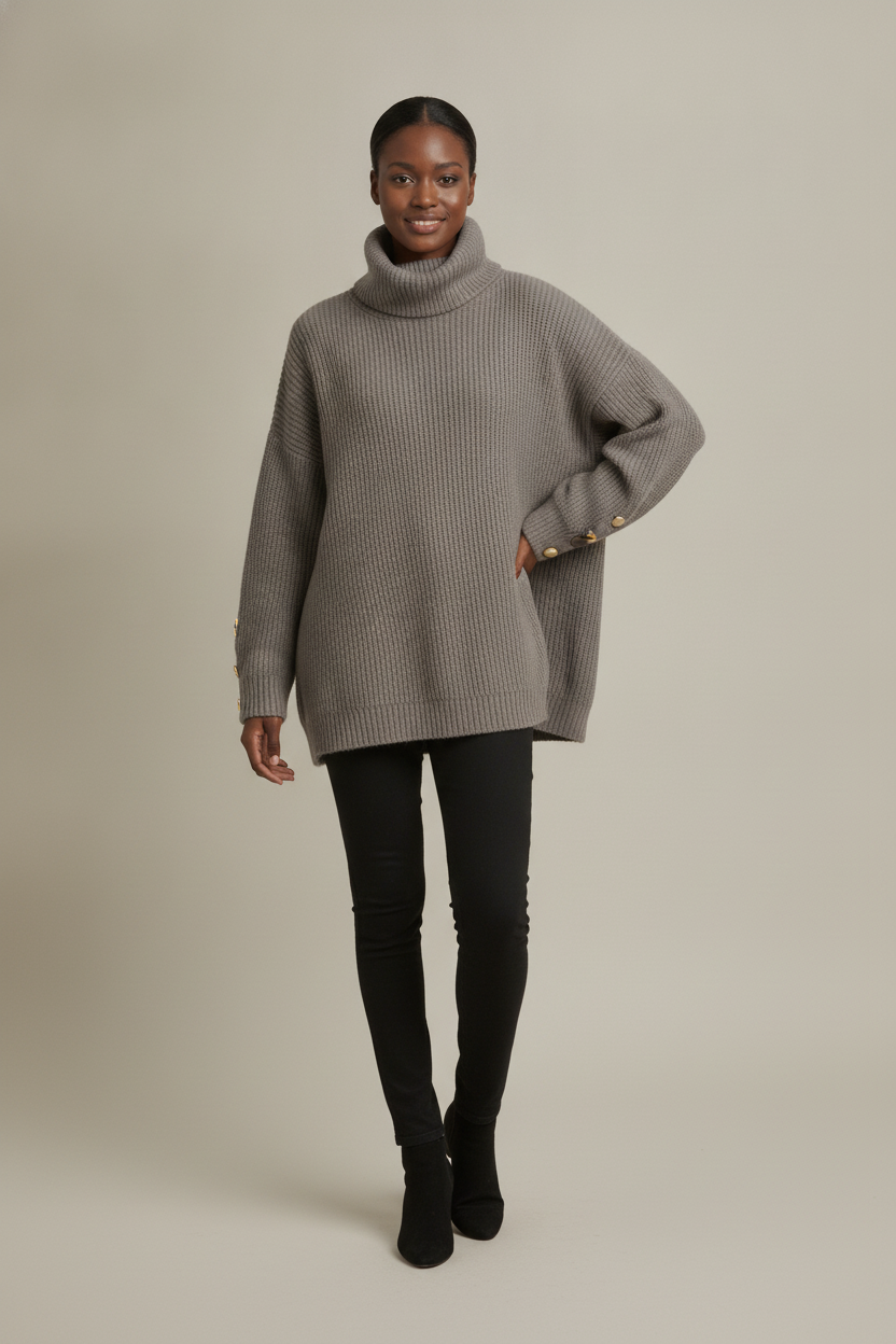 Coltrui Dames met Knoopjes op de Mouw – Oversized Col Trui — Tamsin – Grijs – vooraanzicht
