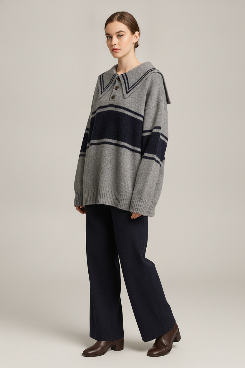 Gestreepte Trui Dames met Kraag – Oversized Polo Trui — Zinnia – Grijs – vooraanzicht