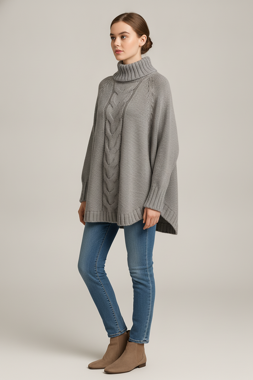 Kabeltrui Dames met Col – Oversized Poncho Trui — Ilka – Grijs – vooraanzicht
