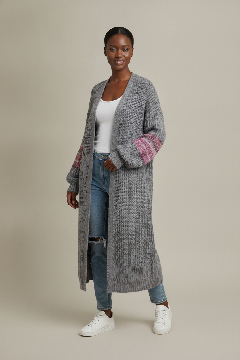 Lang Vest Dames met Gedessineerde Mouwen – Gebreide Cardigan — Jolien – Grijs – vooraanzicht