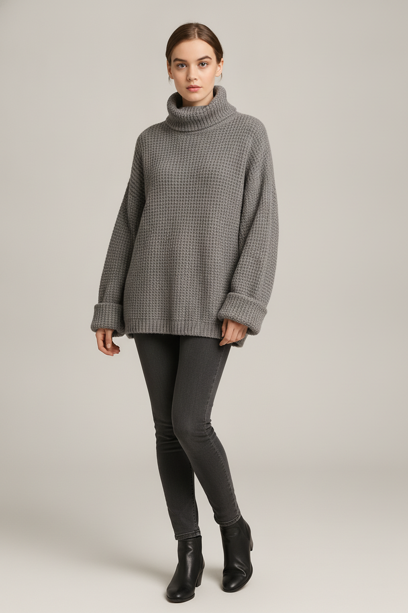 Coltrui Dames met Wafelstructuur – Oversized Gebreide Trui — Leontine – Grijs – vooraanzicht